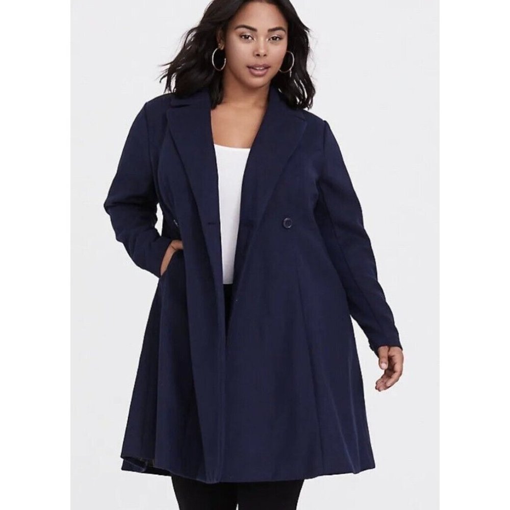 Outlander Swing Coat‎ Women's 6X Navy Blue Rayon Stretch Double Breasted 7424
